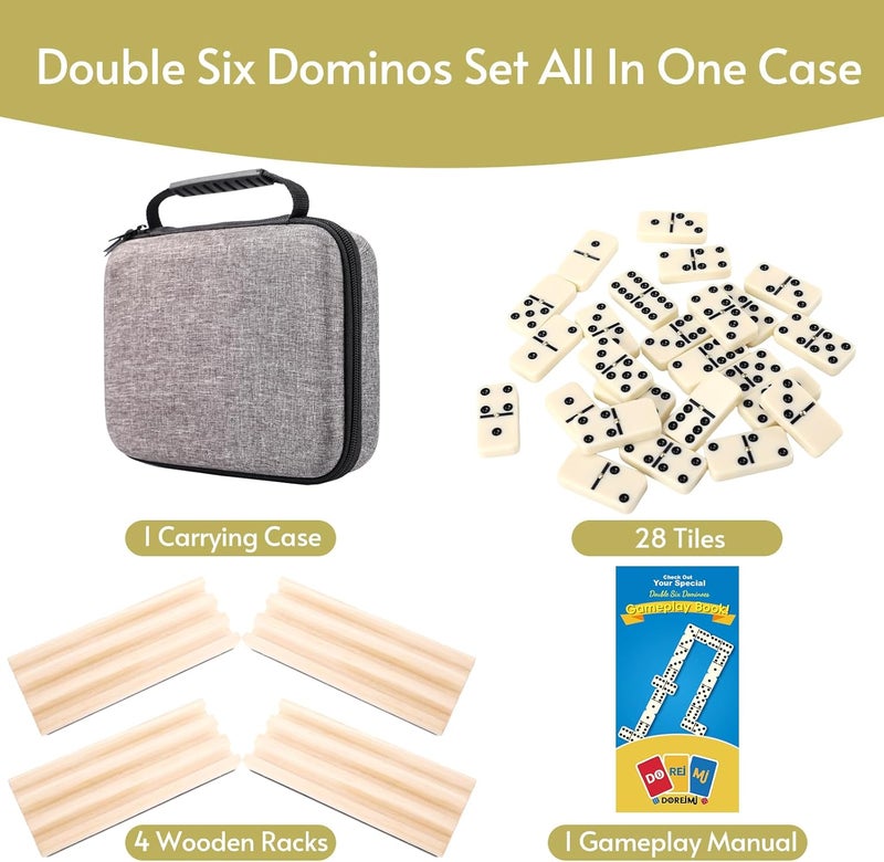 Doreimi Store Double 6 Dominos Set for Adults with 4 Wooden Racks & 28 Tiles Travel Dominoes Set Classic Board Game for Family Game Night - Image 3